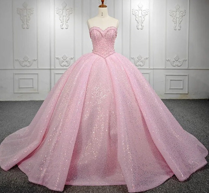 Pink Quinceanera Sequined Ball Gown  Dress