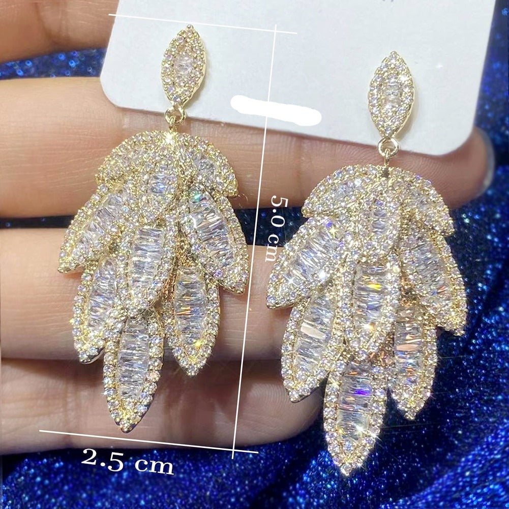Trendy Leaf Dangle Earrings Cubic Zirconia Micro Setting Jewelry