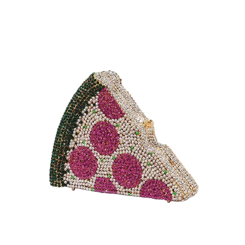 Crystal Pizza Slice Purse Mini Evening Metallic Rhinestone Purse, elevate your evening with this whimsical pizza slice clutch, a conversation-starting accessory