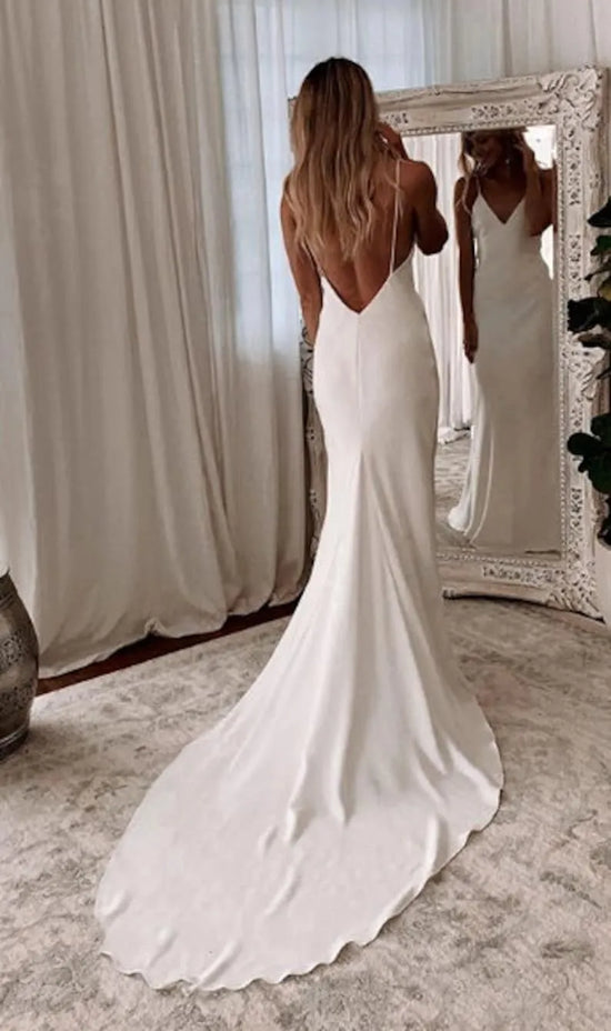 Modern Simple Satin Wedding Dress V-neck Spaghetti Straps Backless Bridal Gown