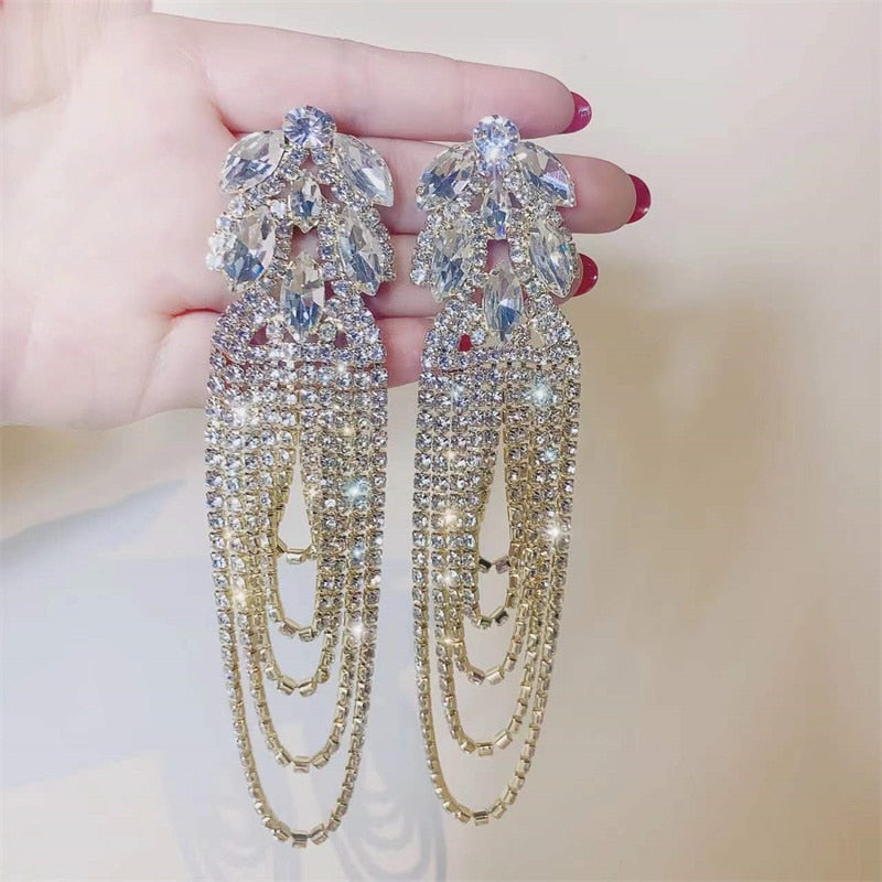 Geometric Crystal Earrings Oversize Long Tassel Rhinestone Earrings