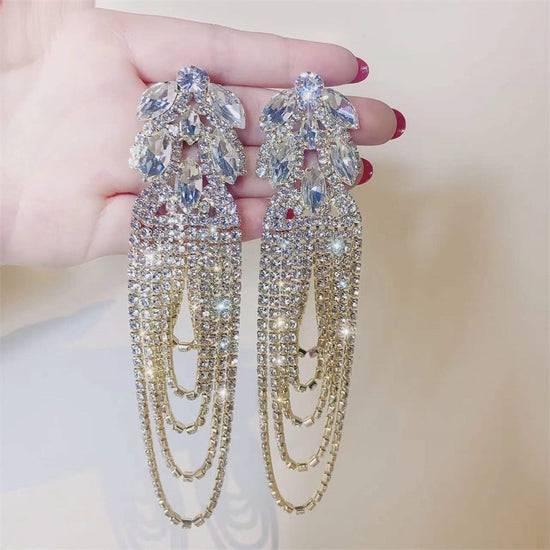 Geometric Crystal Earrings Oversize Long Tassel Rhinestone Earrings