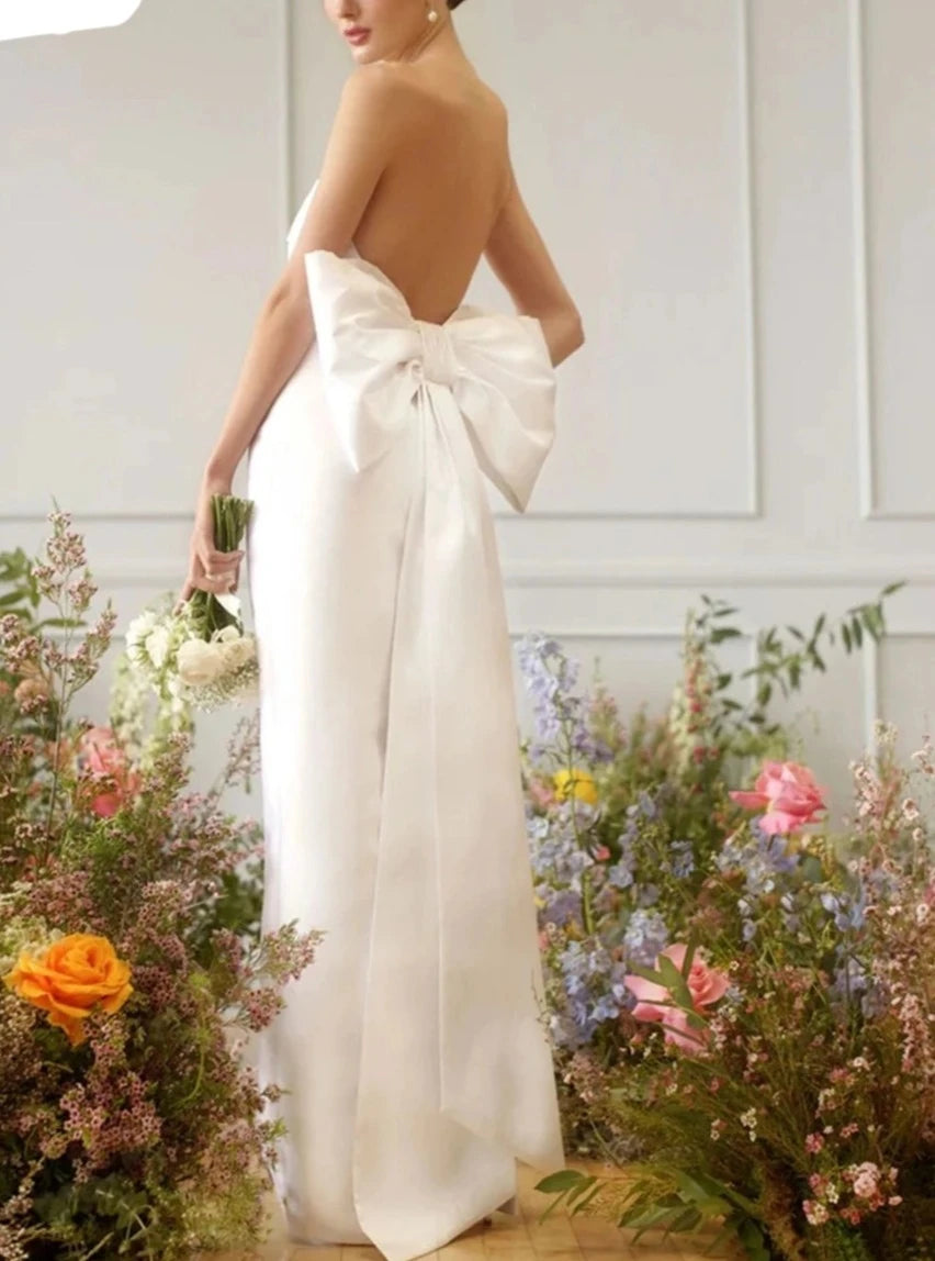 Big Bow Backless Strapless Simple Satin Evening Gown