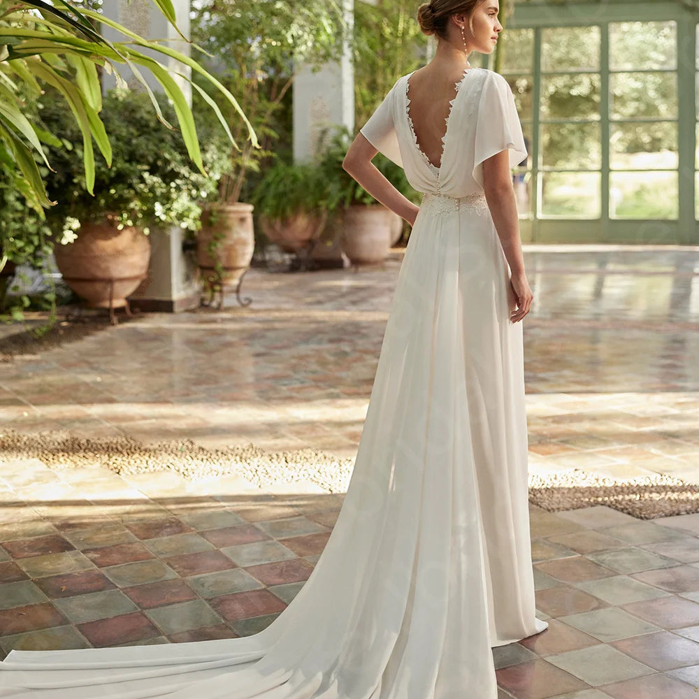 Chiffon Bridal Jumpsuit Wide Leg Boho Chic Wedding Day Suit With Train