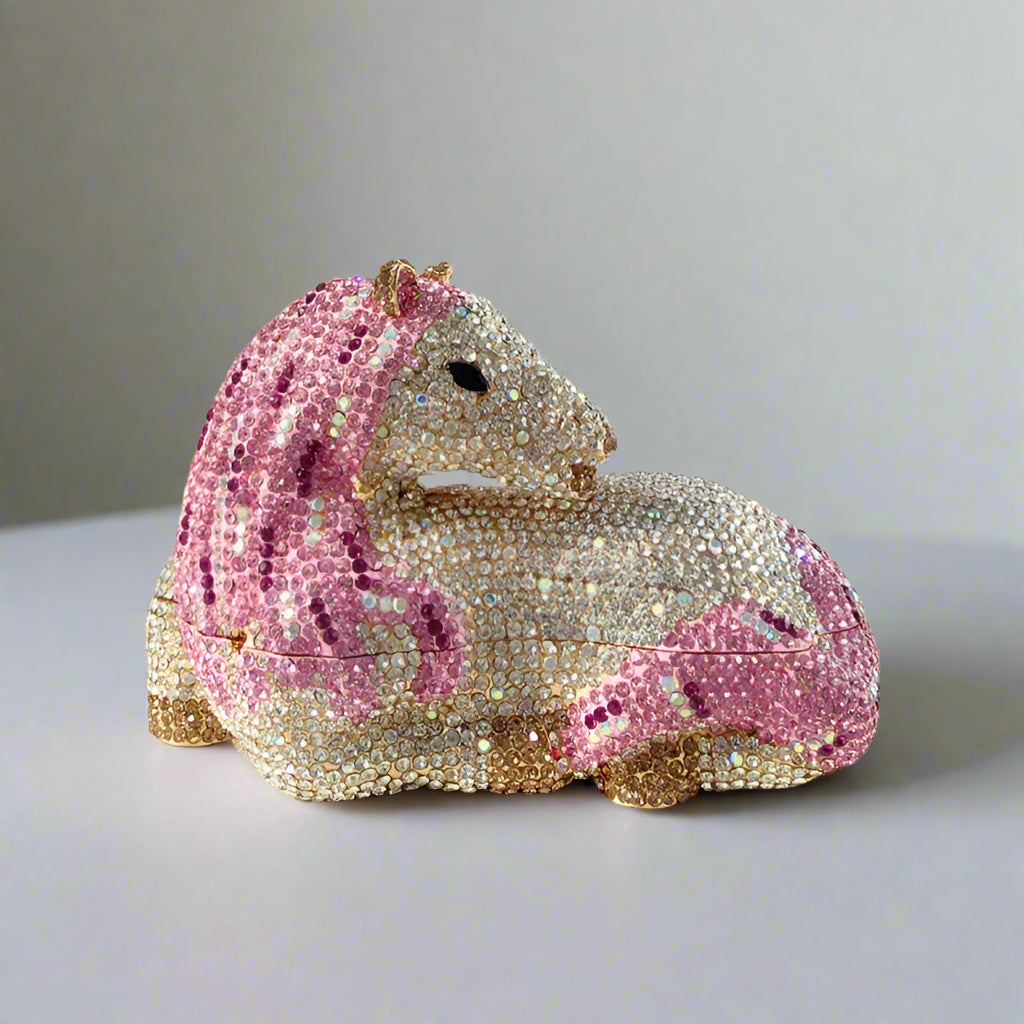 Crystal rhinestone mini clutch purse in the shape of a wild horse, colorful purse for party events, hard sided, shoulder strap included made by Alikerr