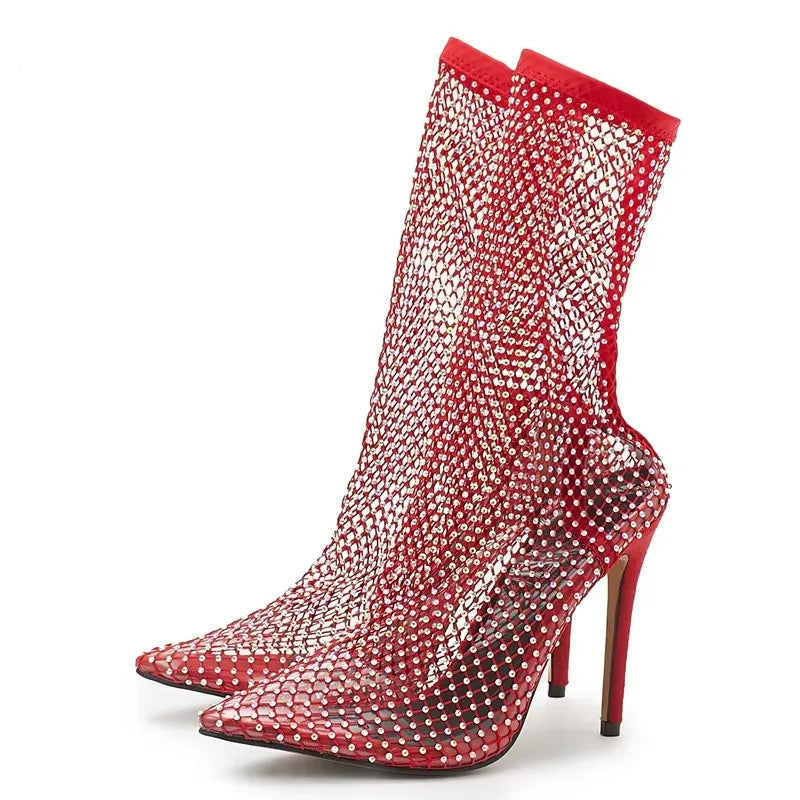 
                      
                        Crystal Rhinestone Mesh Stretch Fabric Sock Boots Fashion Transparent High Heels
                      
                    