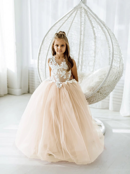 Flower Girl Bow Tie Back Tulle Princess Party Dress