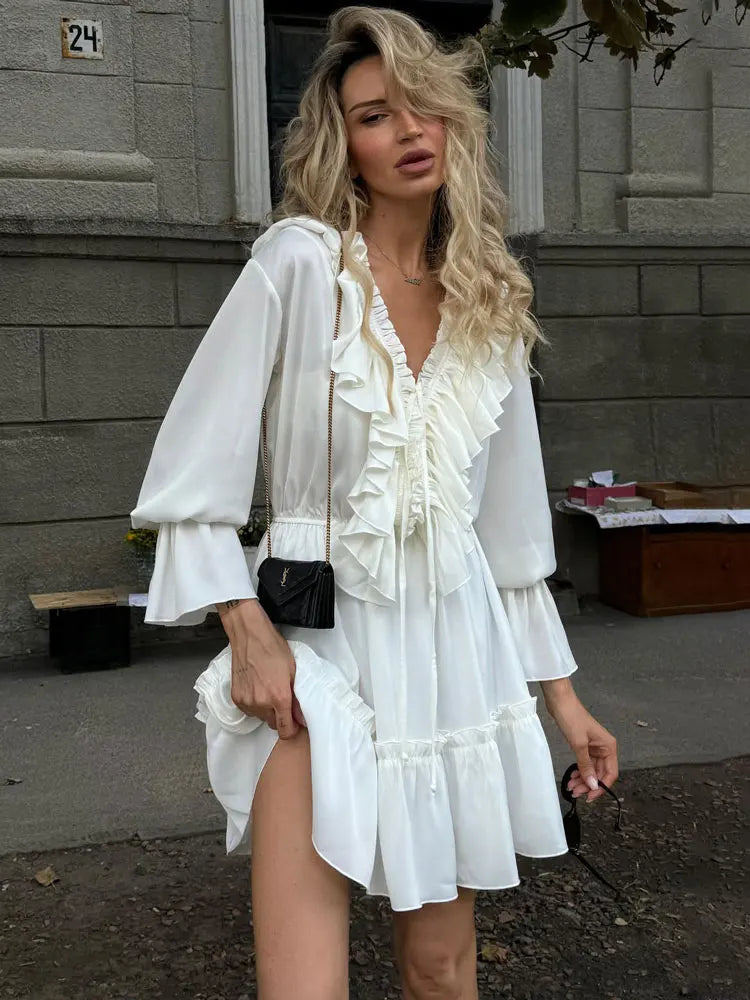 
                      
                        Ruffled V-Neck White Mini Dress
                      
                    