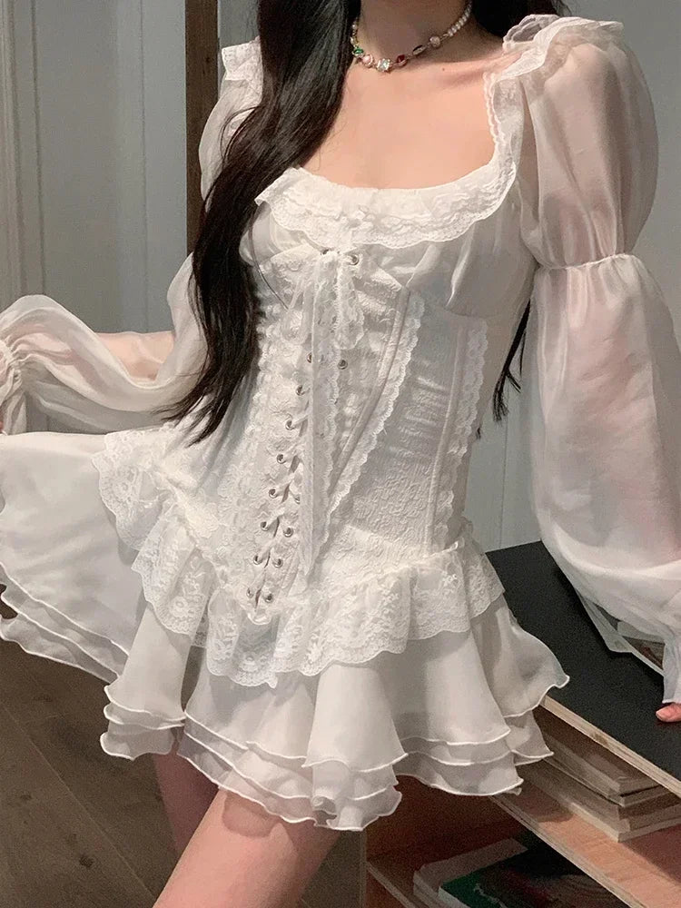 White Elegant Lace Puffed Sleeve Dress