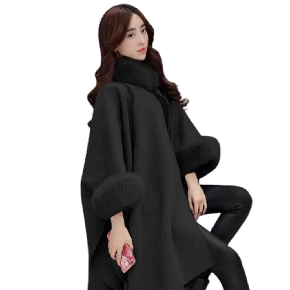 Ladies Cape Coat Solid Color Faux Fur Collar Autumn Winter