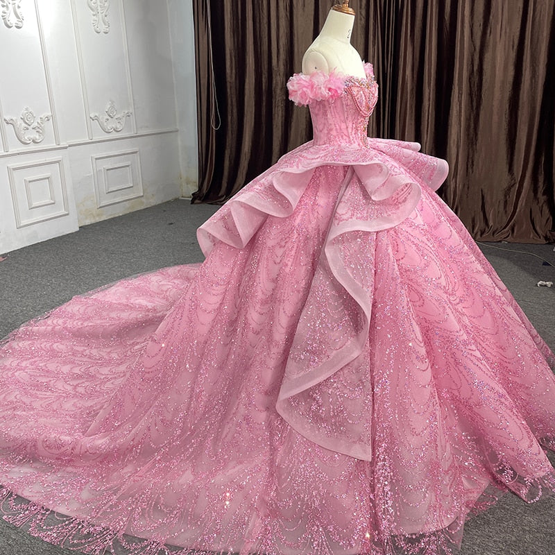 Luxury Quinceanera Dress With Sequins Short Sleeve Chapel Train