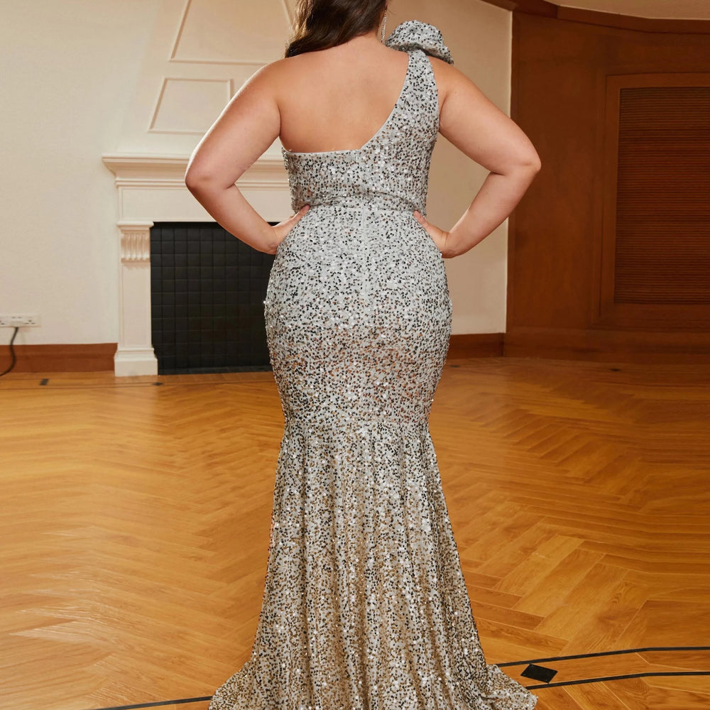 Plus Size Sequin Evening Dress One Shoulder Bodcyon Mermaid Party Gown