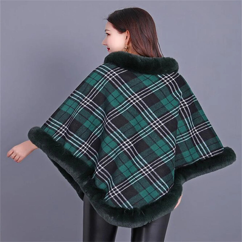 
                      
                        Striped Plaid Poncho Winter Faux Fur Street Wear Triangle Fur Neck Pullover Cloak
                      
                    