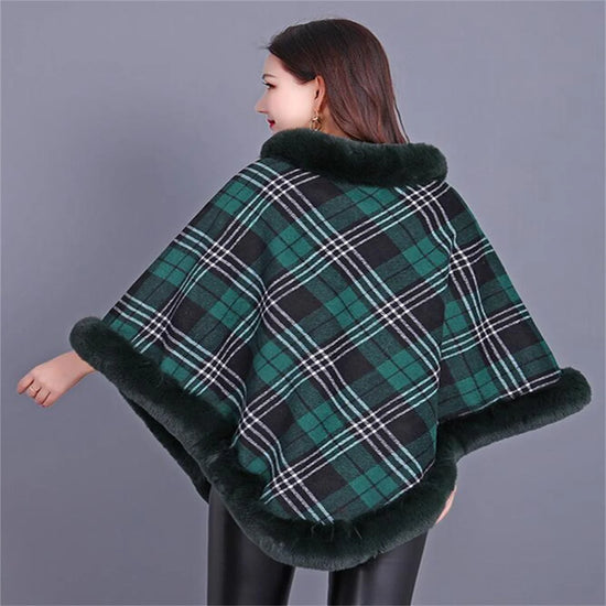 Striped Plaid Poncho Winter Faux Fur Street Wear Triangle Fur Neck Pullover Cloak