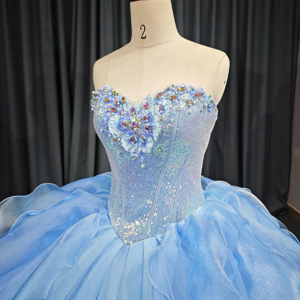 Blue Quinceanera Dress with pleats and flowers