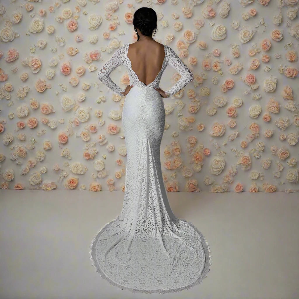 Long Sleeve Backless Bohemian Lace Bridal Gowns Beach Bride Boho Dress