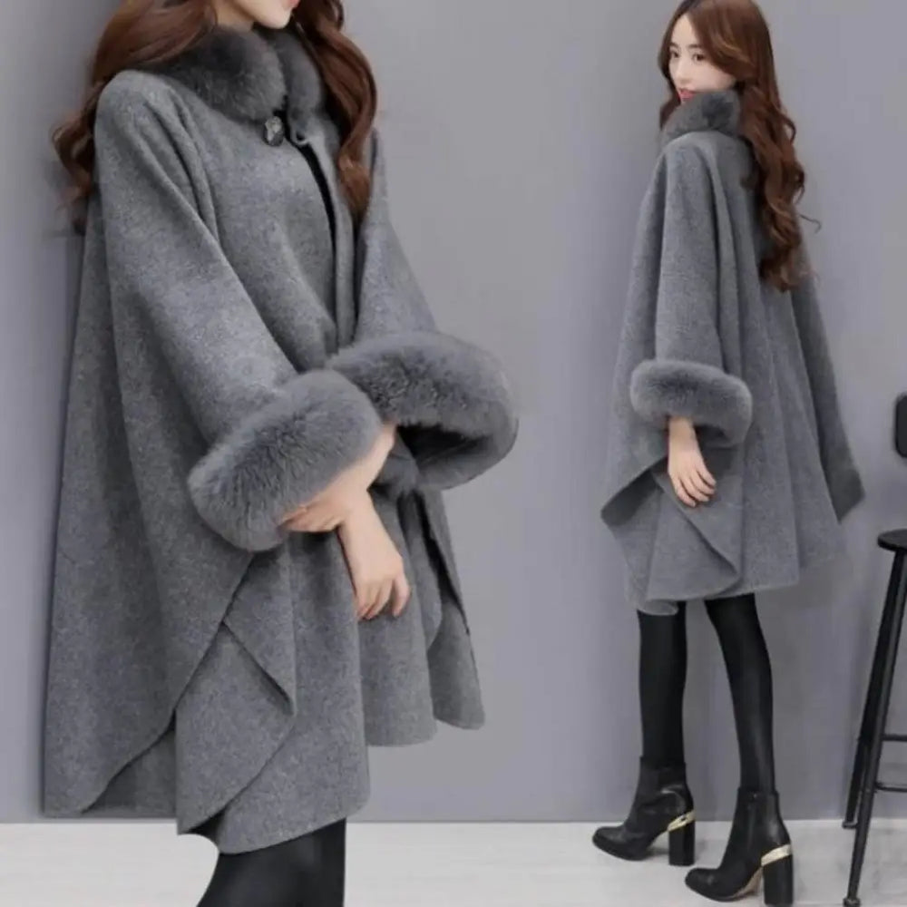 
                      
                        Ladies Cape Coat Solid Color Faux Fur Collar Autumn Winter Warm Loose Mid Length Poncho
                      
                    