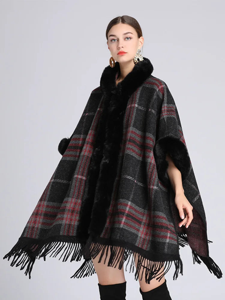 
                      
                        Hooded Plaid Poncho Imitation Rabbit Fur Cardigans Coats
                      
                    