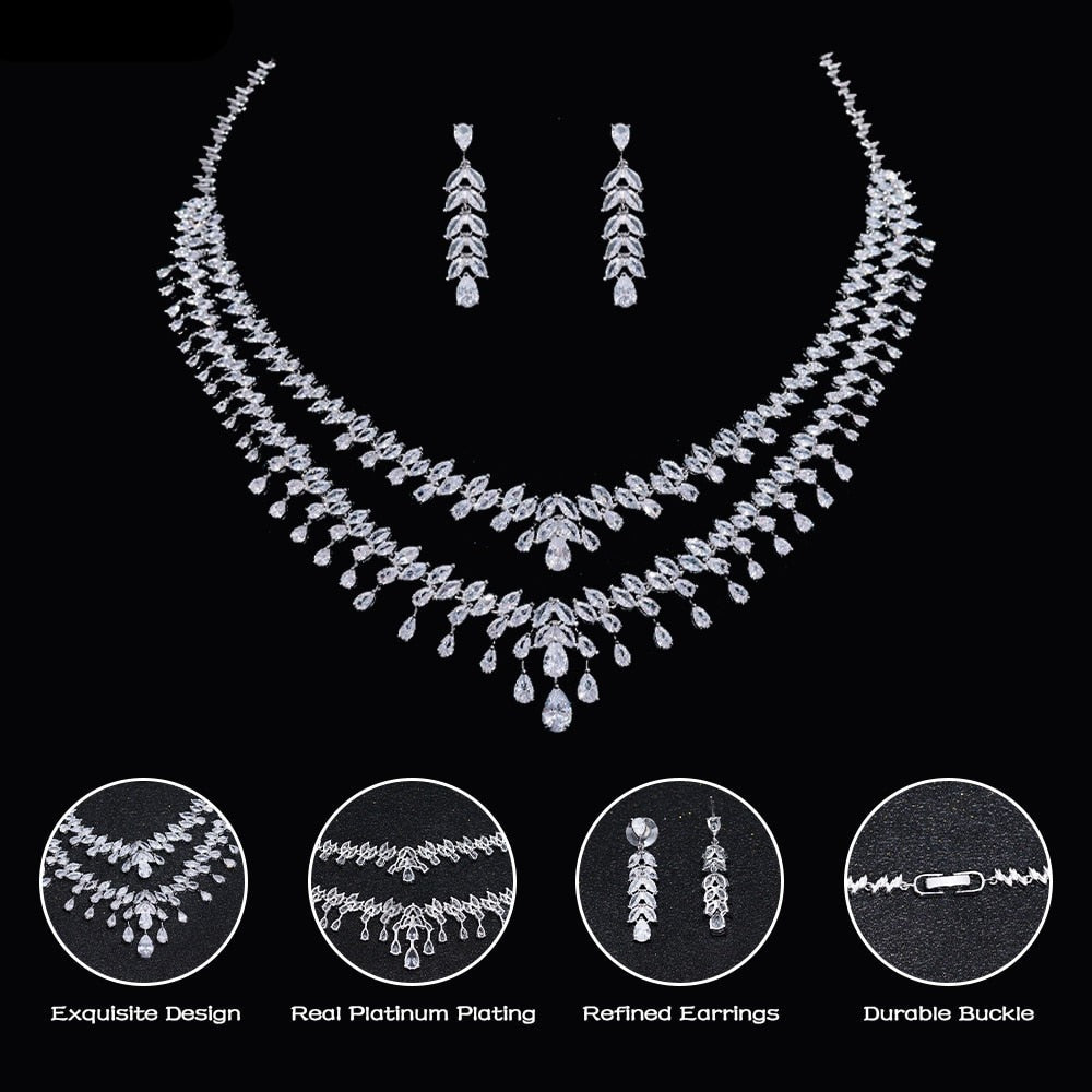 Load image into Gallery viewer, Cubic Zirconia Double Row 2pcs Necklace Earrings Jewelry Set Wedding  Accessory
