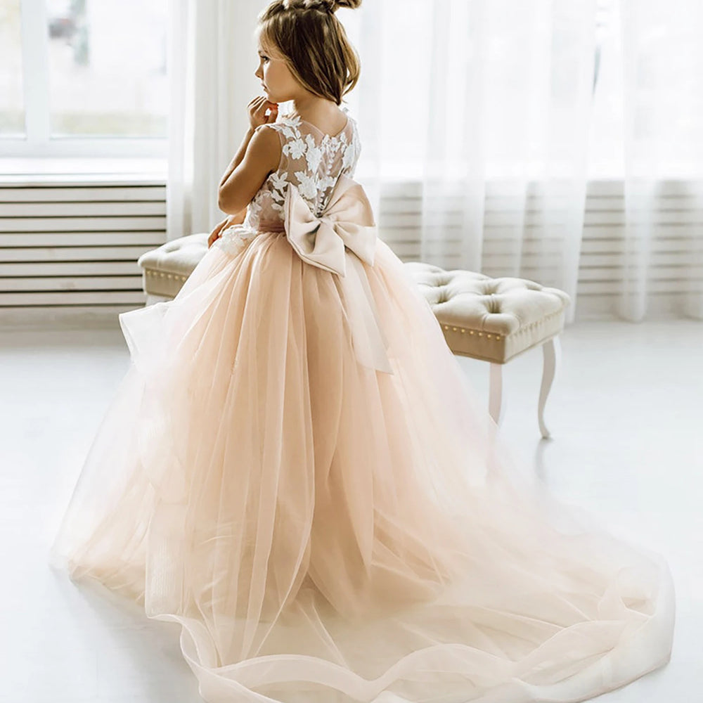 Flower Girl Bow Tie Back Tulle Princess Party Dress