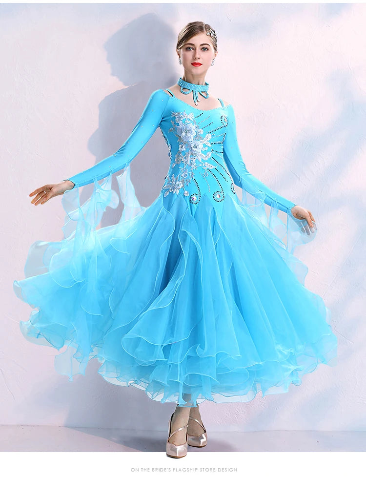 
                      
                        V Neck Fluffy Hemline Standard Ballroom Dress For Ballroom Dance Competition
                      
                    