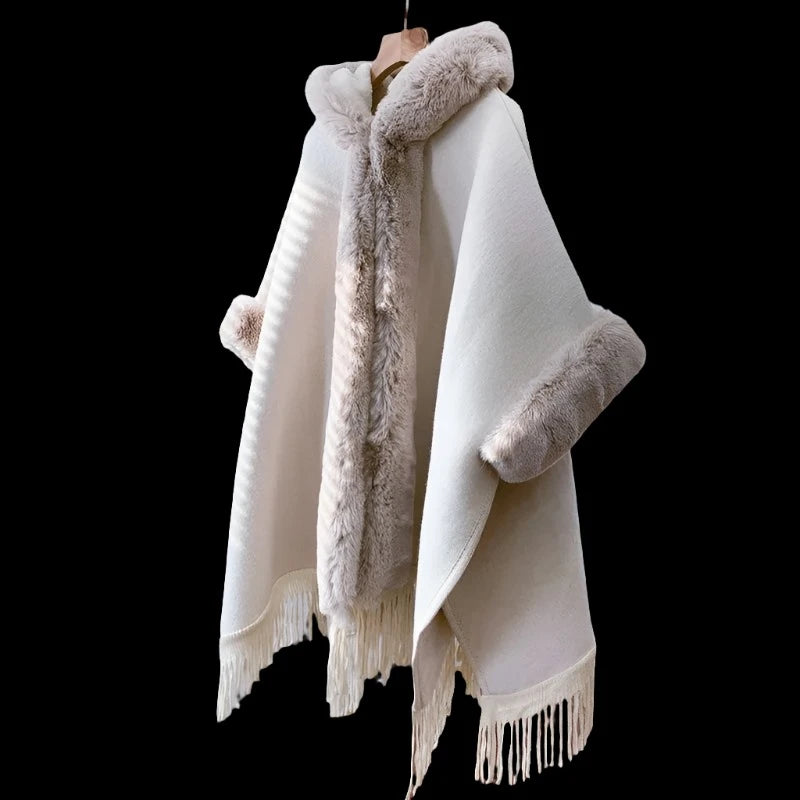 
                      
                        Fashion Poncho Batwing Sleeve Fur Big Cloak Solid Warm Shawl with Hood
                      
                    