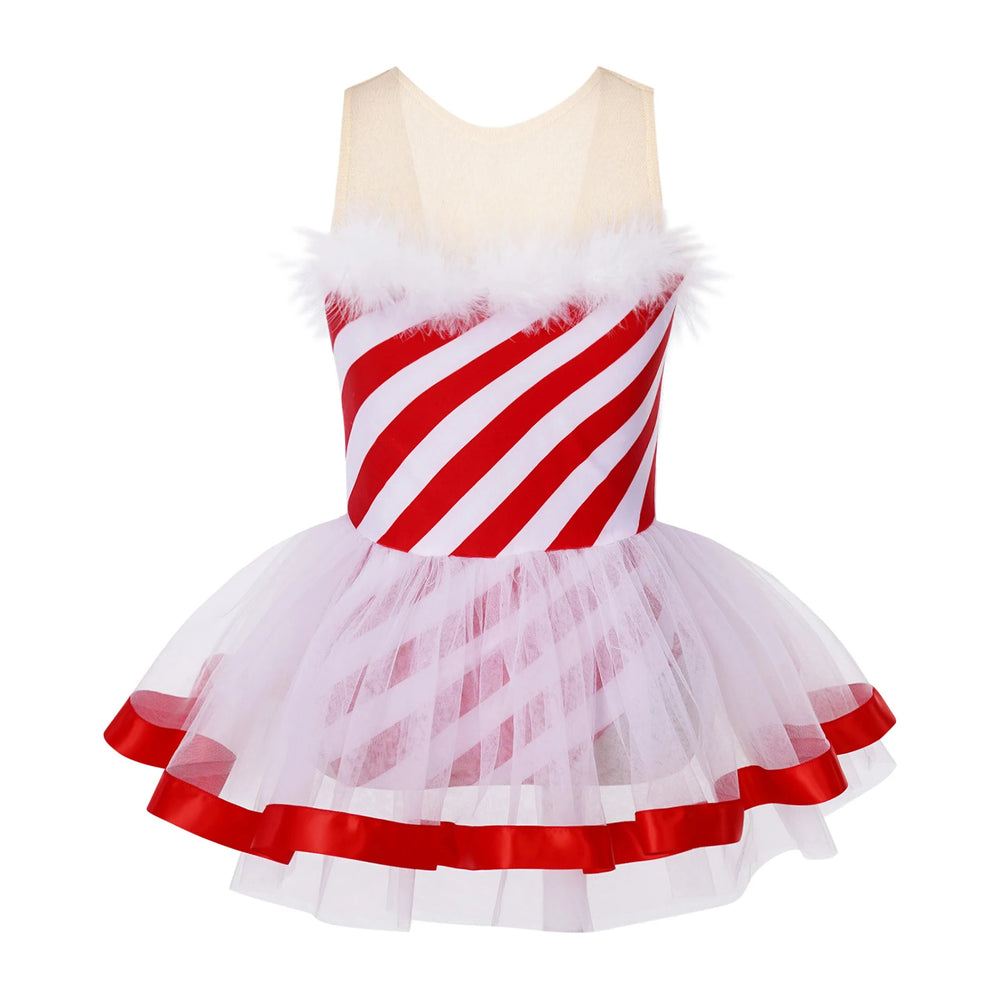 Girls Candy Cane Costume Pageant Party Fluffy Stripe Ballet Dance Leotard