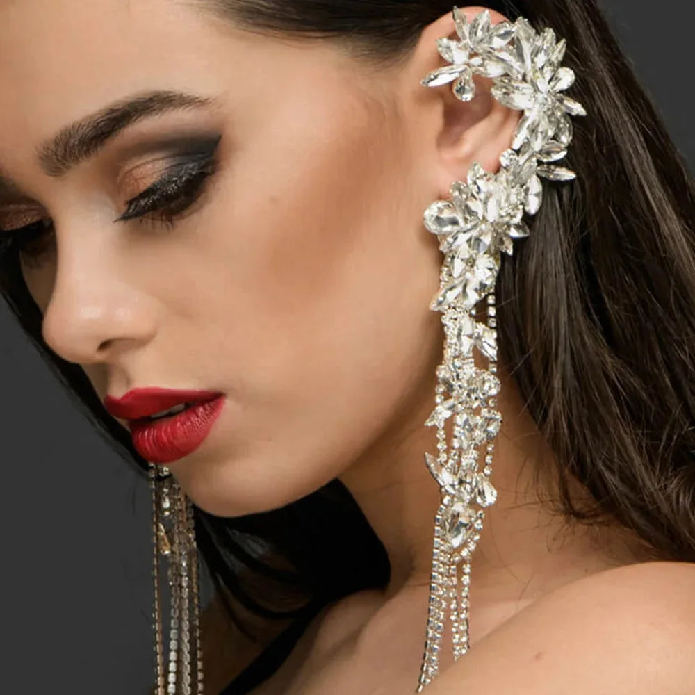 Ear Clip Crystal Tassel Geometric Earrings Without Piercing for Women