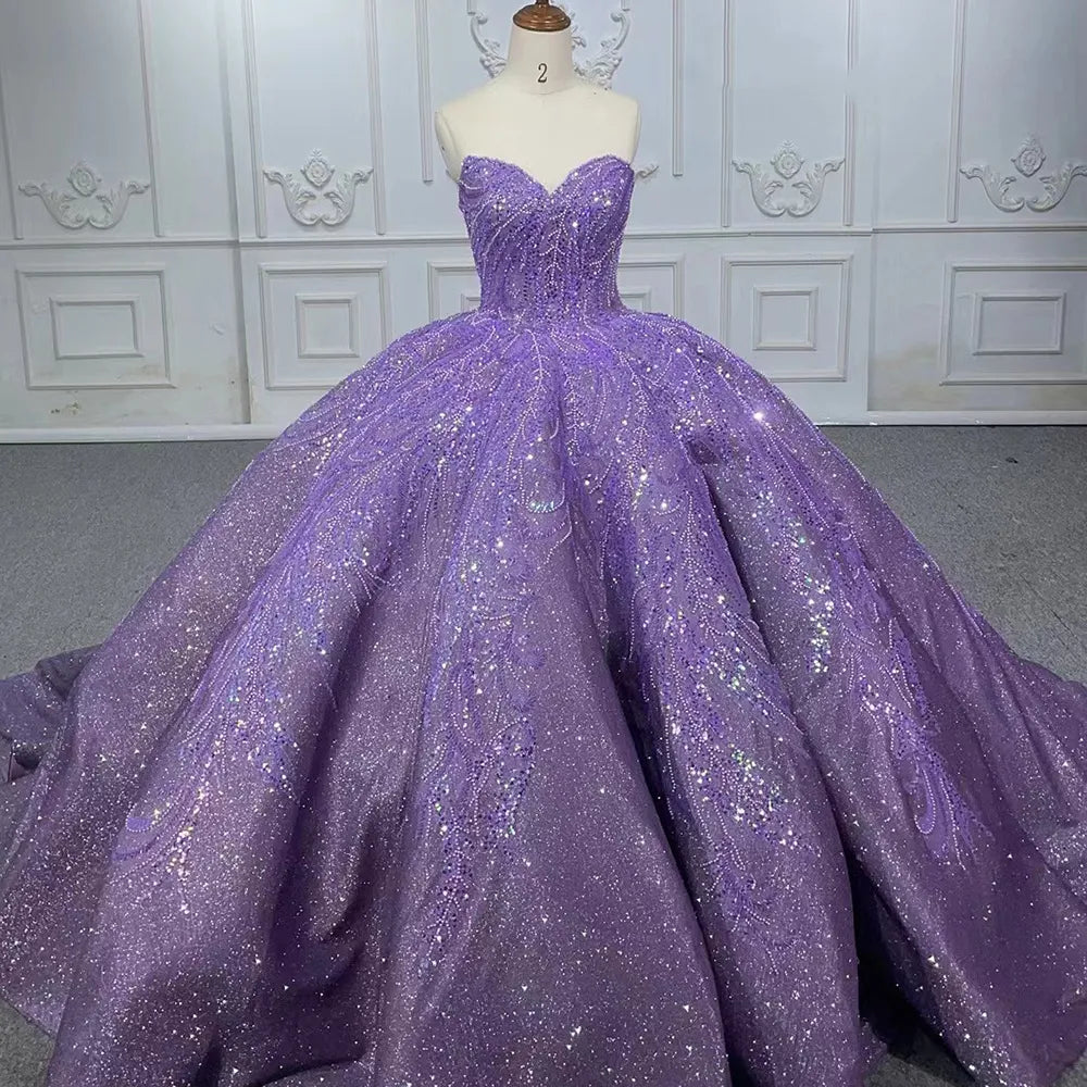 Sequined Beaded Purple Lace Ball Gown Sweetheart Party Dress