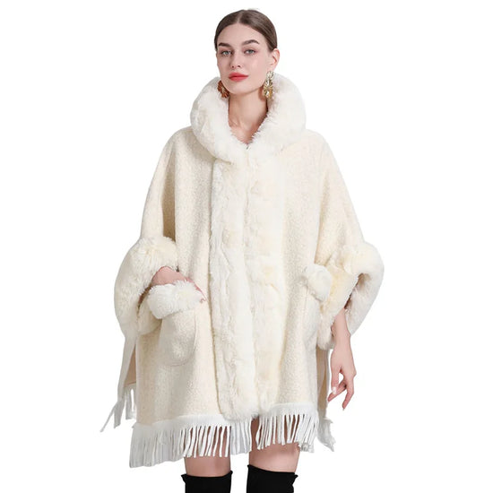 Faux Fur Cape Coat Over Sized Poncho Hooded  Loose Cardigan Shawl