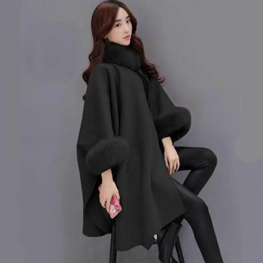 Ladies Cape Coat Solid Color Faux Fur Collar Autumn Winter Warm Loose Mid Length Poncho