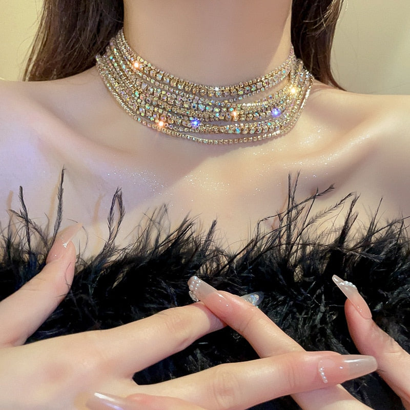 Rhinestone Crystal Choker Necklace for Women Multilayer Chain