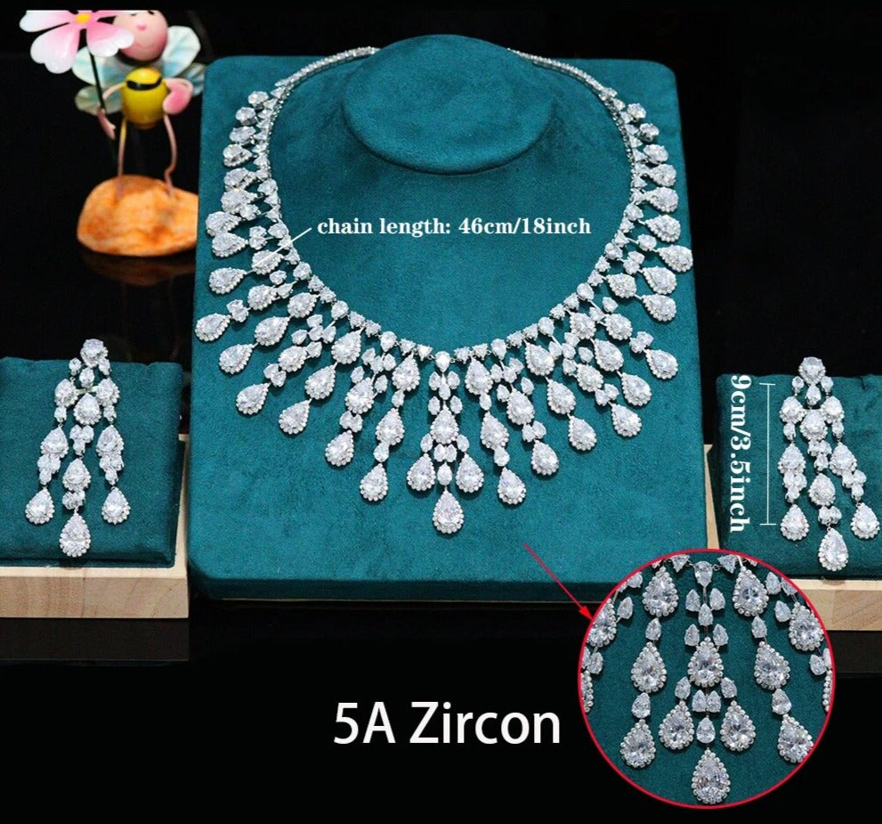 White 5A Zirconia Crown Necklace and Earrings Set for Women Bridal Wedding CZ Jewelry