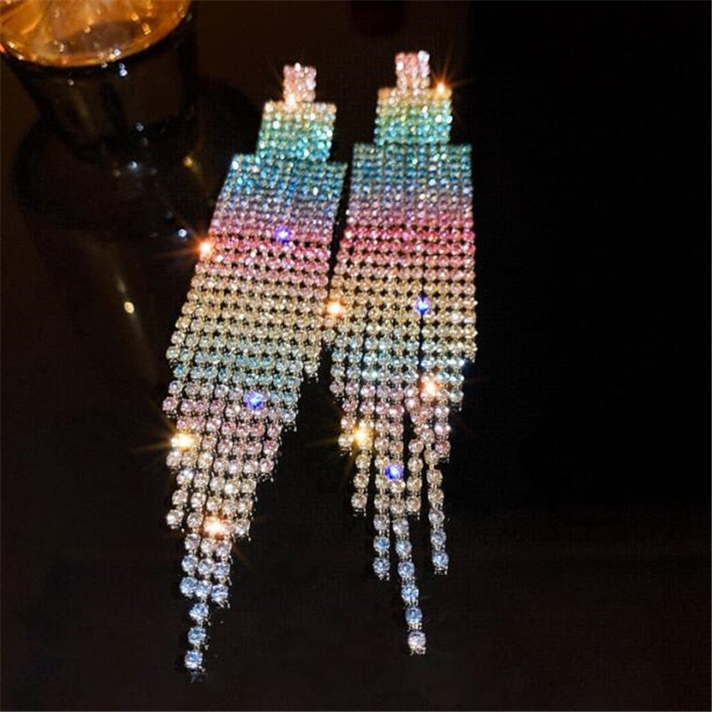 
                      
                        Shiny Rainbow Color Crystal Earrings for Women Long Tassel Rhinestone Dangle Earrings
                      
                    