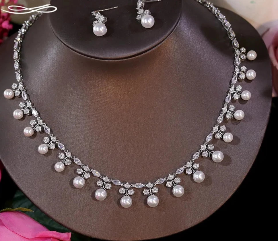 Gorgeous Cubic Zirconia Pearl Choker Necklace Earring Jewelry Set for Women