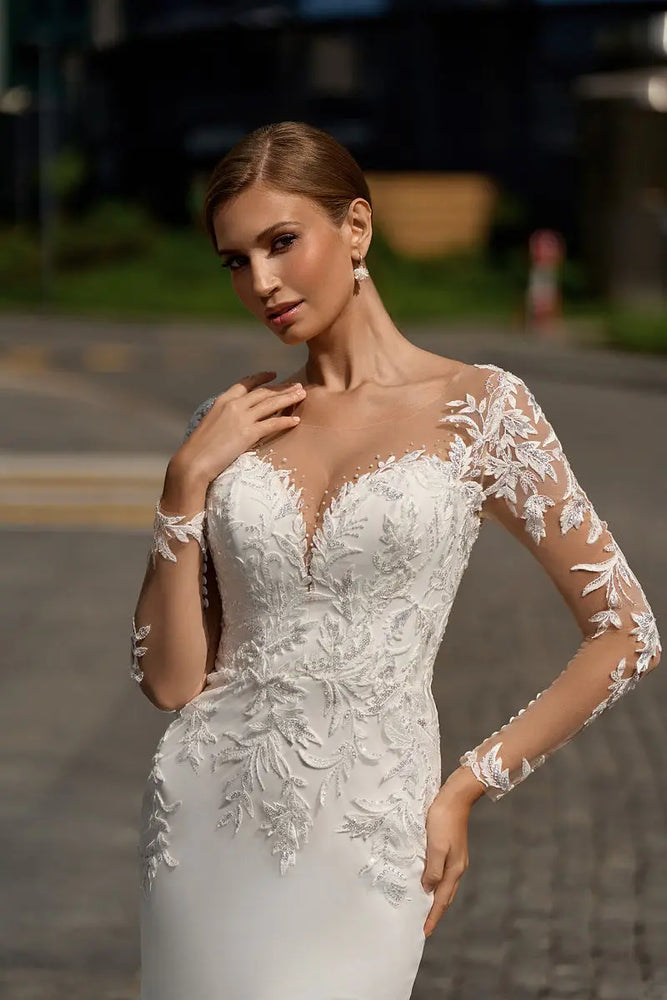 
                      
                        Long Sleeve Illusion Lace Mermaid Wedding Dress Boho Beach Bridal Gown
                      
                    