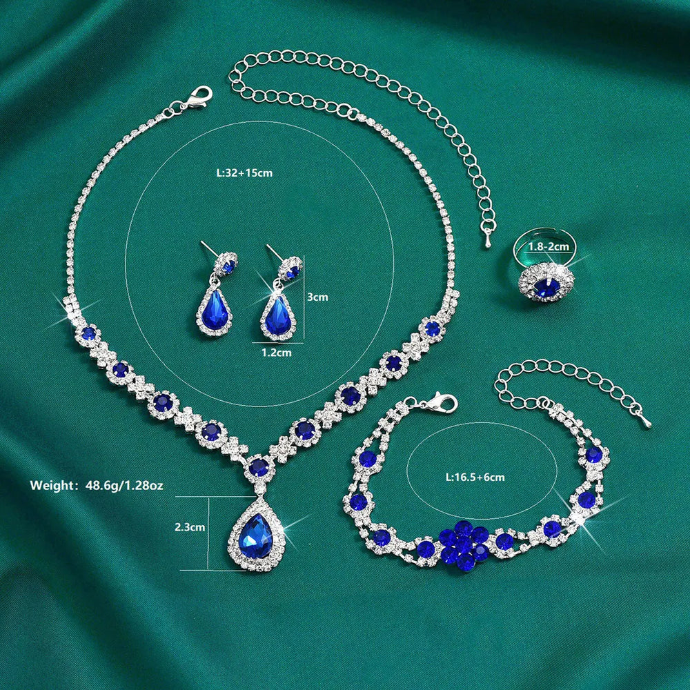 
                      
                        Silver Color Crystal Drop Necklace Earrings Bracelet Ring Jewelry Set
                      
                    