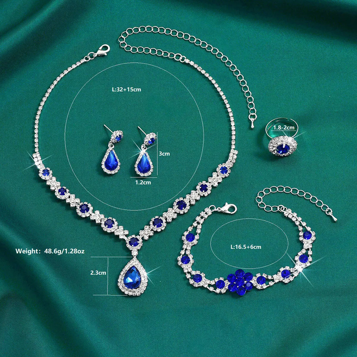 Silver Color Crystal Drop Necklace Earrings Bracelet Ring Jewelry Set
