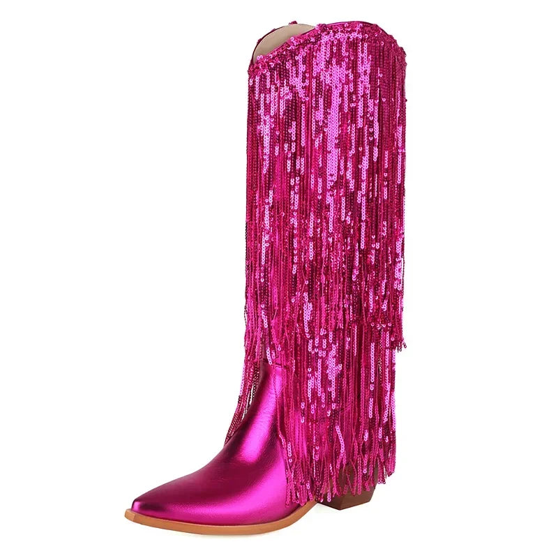 
                      
                        Glitter Gold Knee High Boots Women Block Heels Metallic  Fringe Western Cowgirl Boots
                      
                    