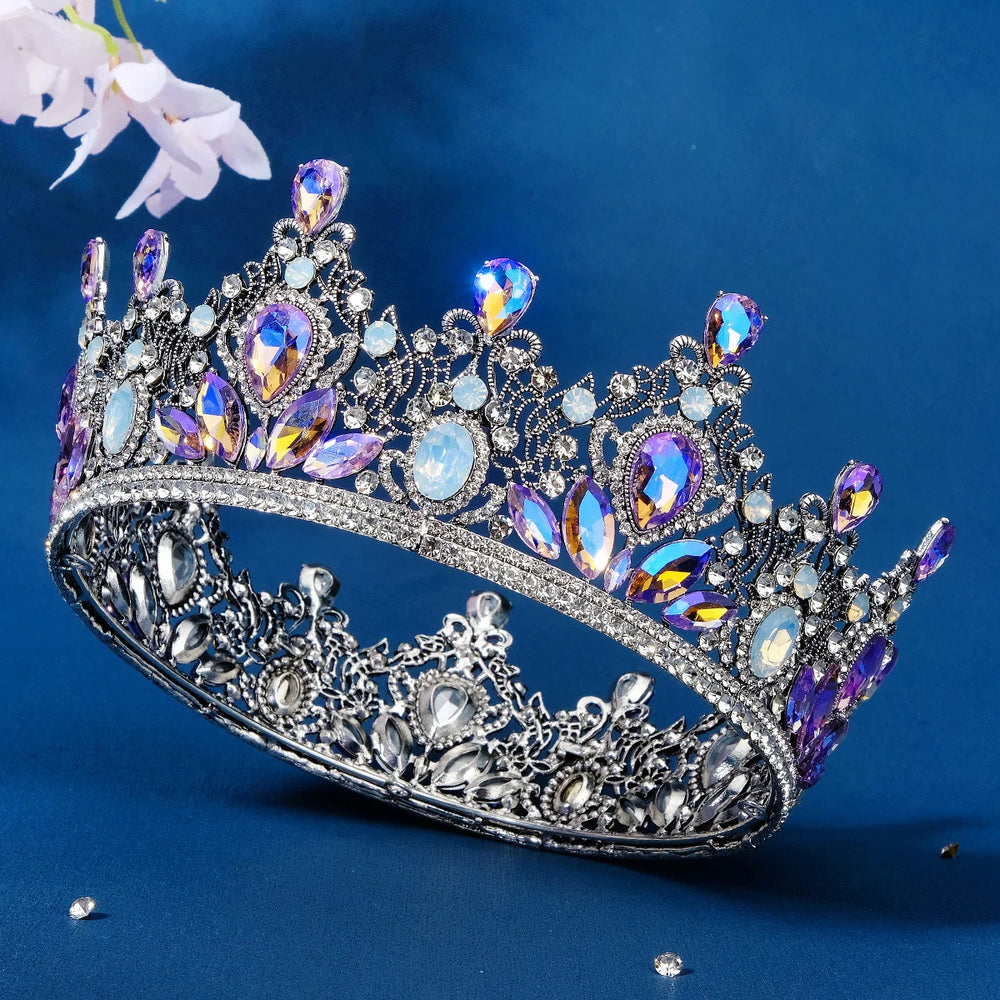 Luxury Royal Queen Mixcolor Crystal Crown Round Tiara Rhinestone Hair Accessory