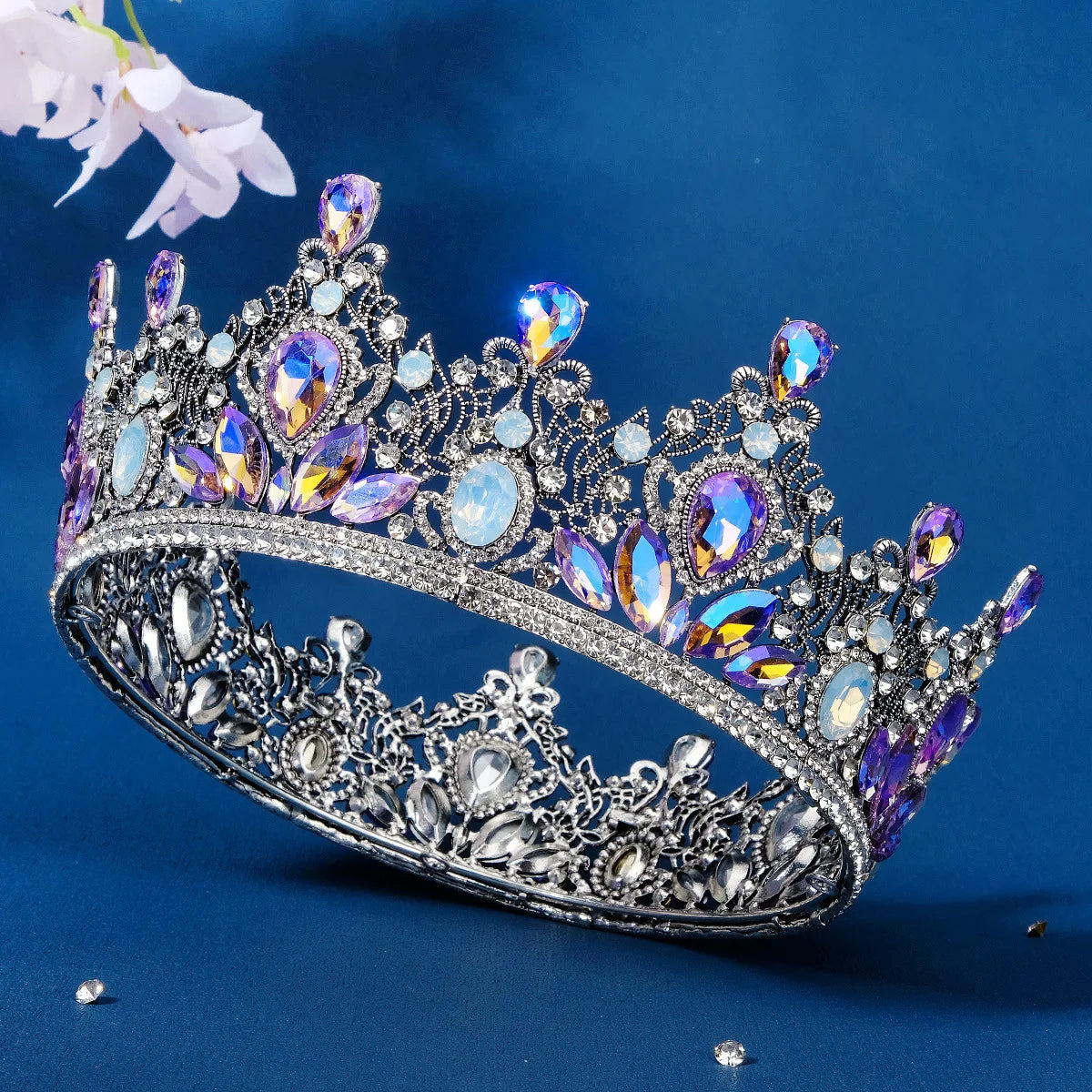 Luxury Royal Queen Mixcolor Crystal Crown Round Tiara Rhinestone Hair Accessory