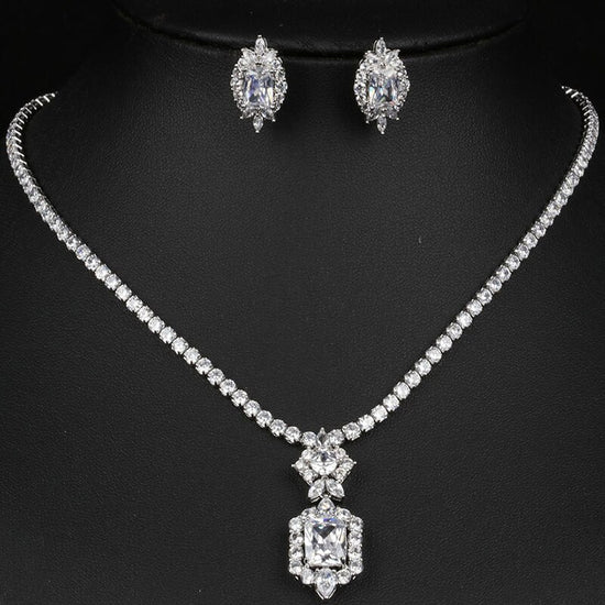 Luxury Silver Color Square Cubic Zirconia Jewelry Necklace and Earrings Sets