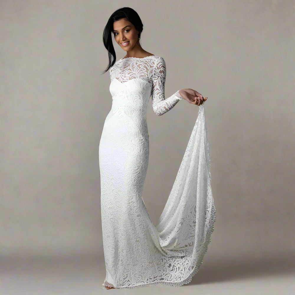 
                      
                        Long Sleeve Backless Bohemian Lace Bridal Gowns Beach Bride Boho Dress
                      
                    