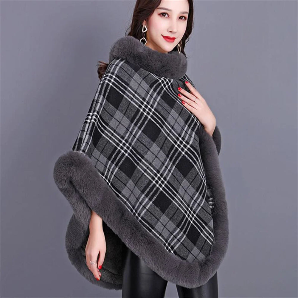 
                      
                        Striped Plaid Poncho Winter Faux Fur Street Wear Triangle Fur Neck Pullover Cloak
                      
                    