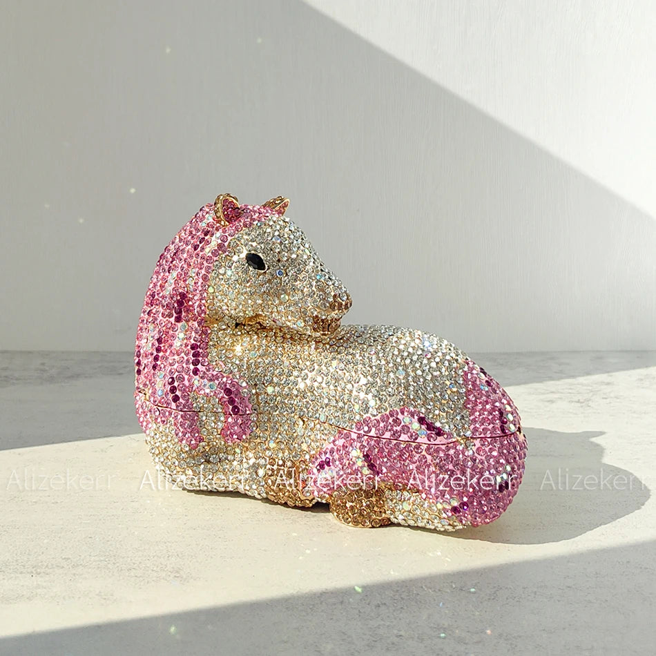 Crystal rhinestone mini clutch purse in the shape of a wild horse, colorful purse for party events, hard sided, shoulder strap included made by Alikerr