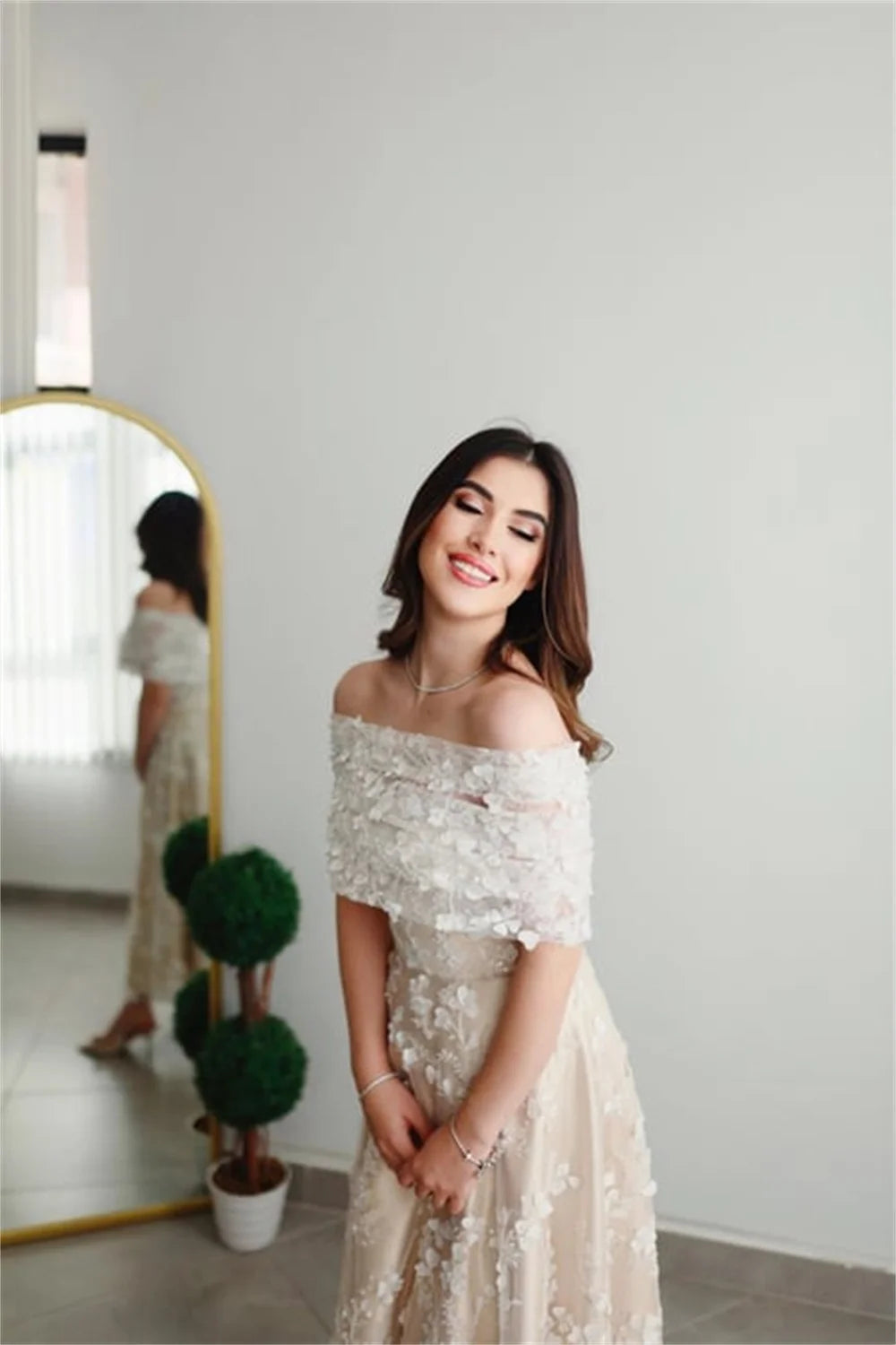 Bella Champagne Tulle Evening Off the Shoulder A-line Bridal Wedding Dress