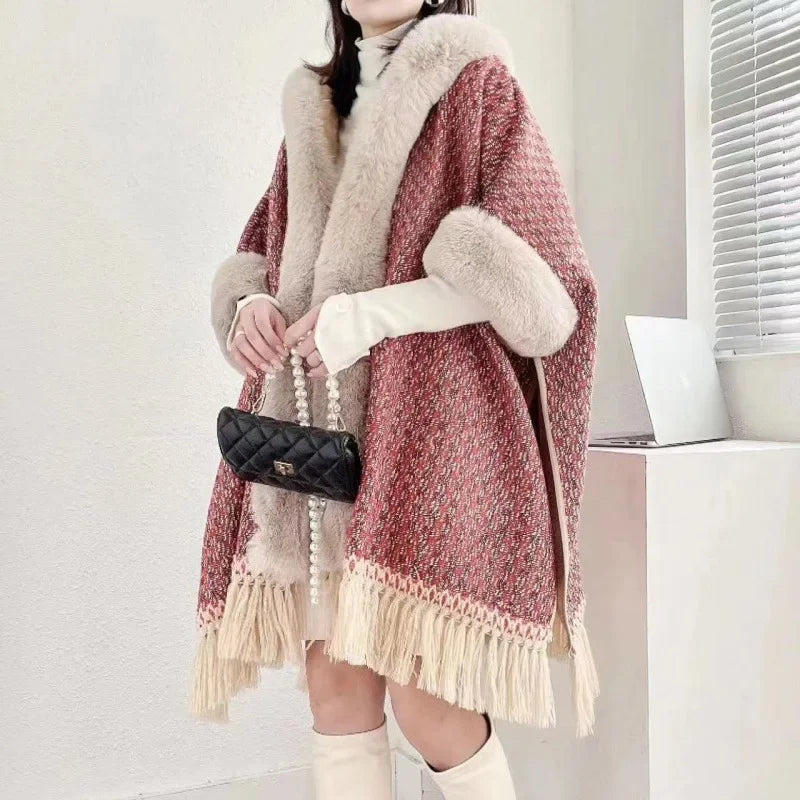 
                      
                        Women's Hooded Fleece-lined Thickened Loose-fit Cardigan Grid Pattern Woolen Fringe Jacket
                      
                    