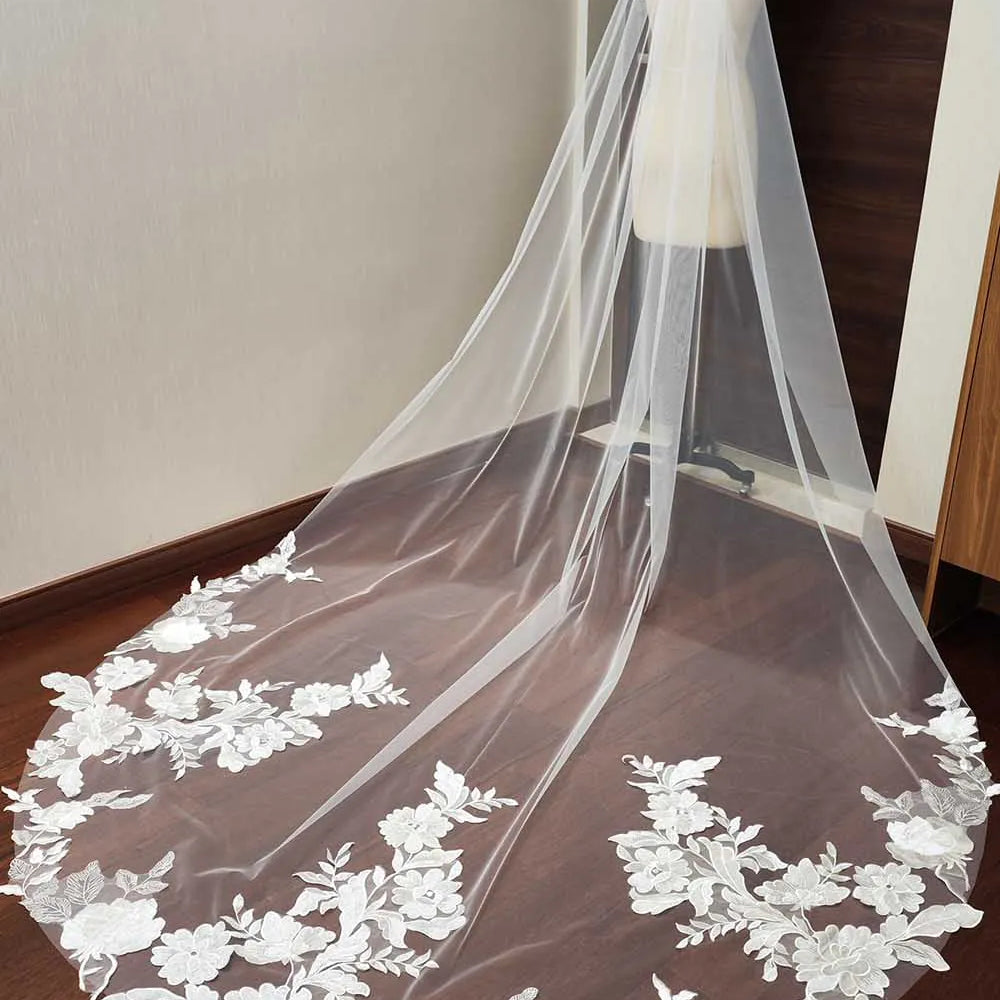 Fairy Floral Lace Wedding Bridal Veil with Comb 3 Meters Long Single Tier