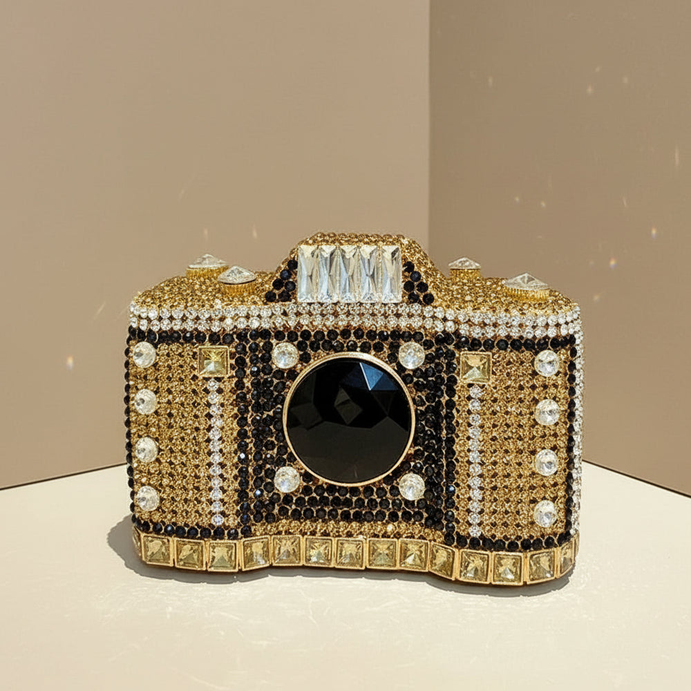 Novelty Crystal Camera Clutch Purse  Evening Boutique Metallic Purse, capture attention in this exquisite camera-shaped evening clutch
