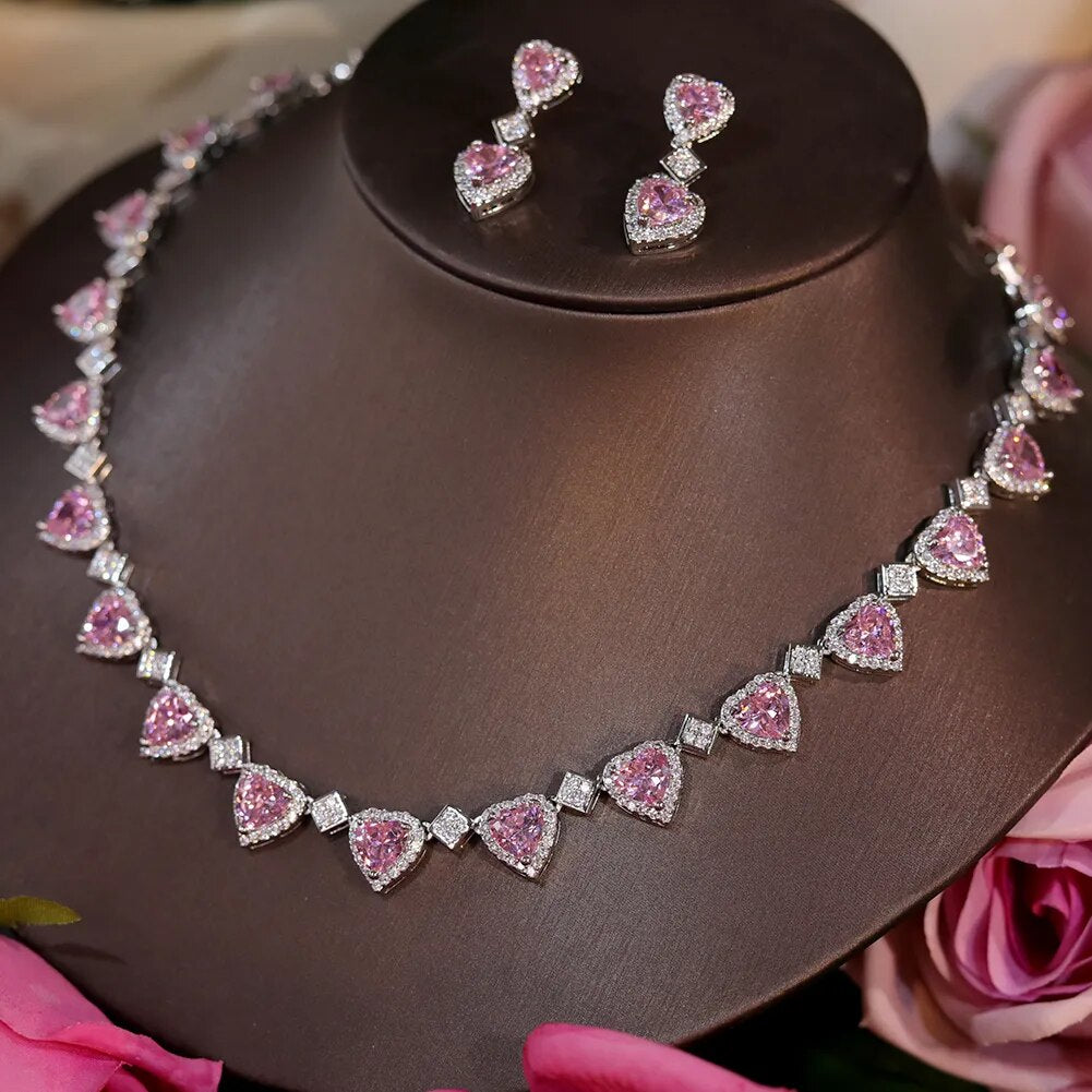 Luxury Pink Zircon Wedding Jewelry Sets for Women Bridal Jewelry